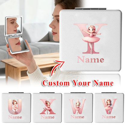Customized Name PU Handheld Makeup Mirror Cover Dressing Double-Sided Portable Foldable Pocket Cosmetic Mirror