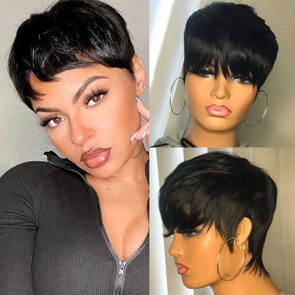 PIxie Cut Wigs for Black Women Human Hair Short Bob Wig Human Hair Wigs with Bangs Layered Style Bob Wigs for Women Machine