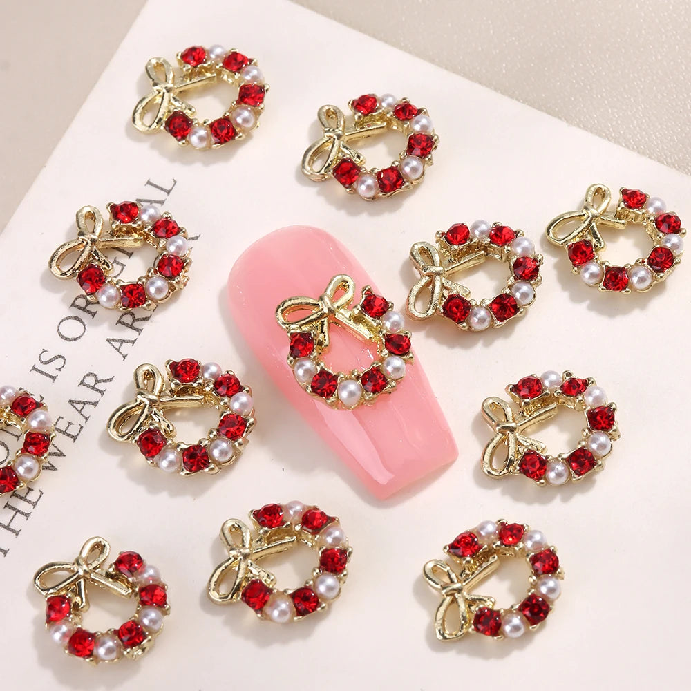 3D Christmas Nail Art Charms; Gold & Silver Bows and Wreaths; Cute Winter Designs for DIY Manicures and Salon Accessories