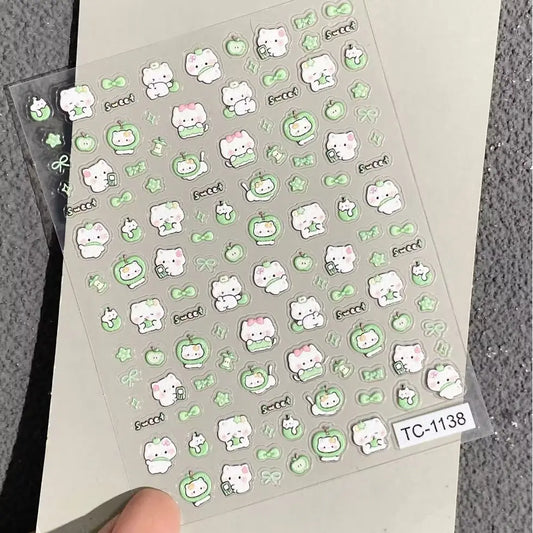 Cute Green Apple Kitten Four-leaf Clover Embossed Stickers for Lighters, Water Cups, Phone Cases DIY Decoration, Nail Stickers