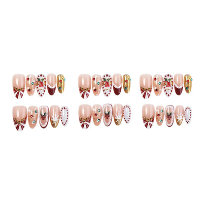 30pcs French Style Almond Press On Nails Christmas Theme DIY Party False Nails Gold Metal Beads Snowflake Desings Fake Nail