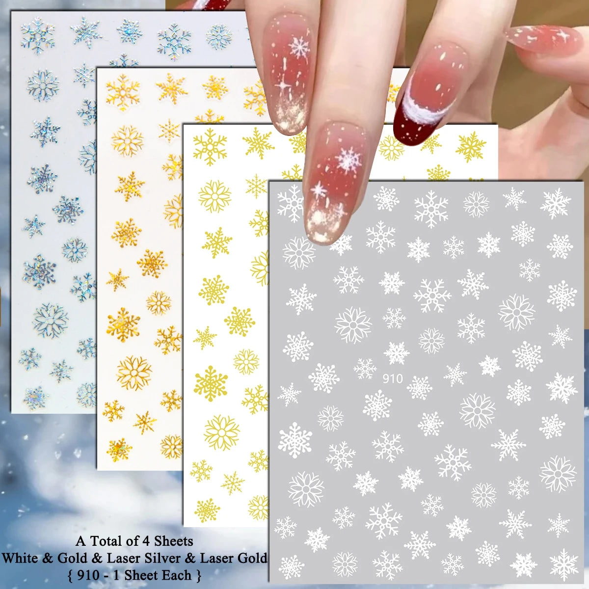4 to 24 Sheets Xmas Snowflake Gold Silver Blue Holographic Self-Adhesive Winter Christmas Decor DIY Manicure Nail Art Stickers