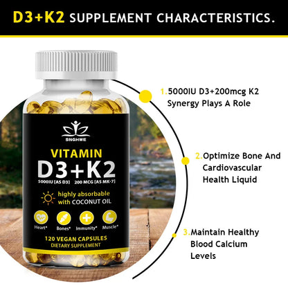 Vegan Vitamin D3+K2 Capsule Regulate Calcium Metabolism Support Teeth Bone Heart Health Joint Health
