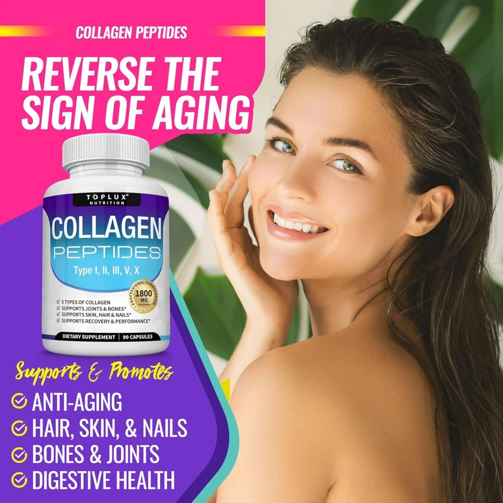 Multi Collagen Peptides Pills 1800 Mg Complex - Type I, II, III, V, X Premium Collagen Complex for Better Skin & Hair, Strong Jo
