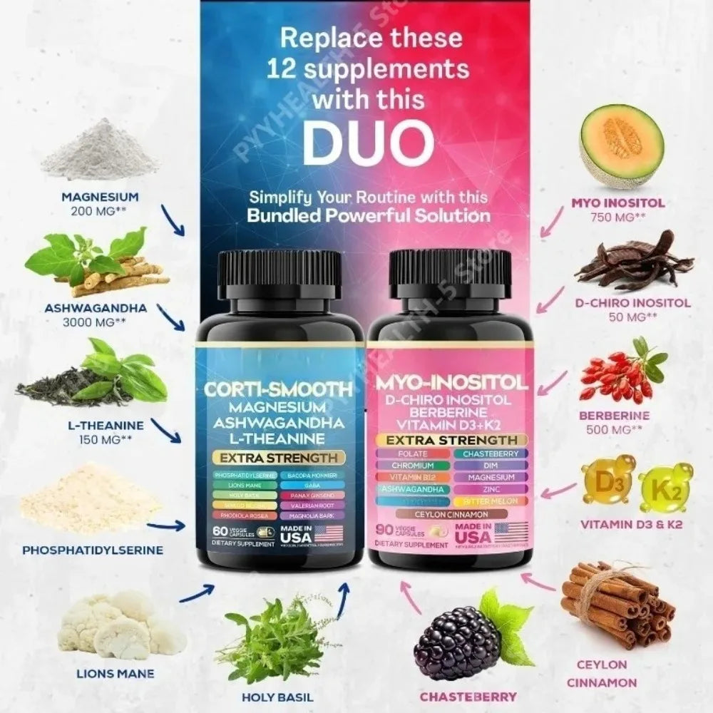 Cortisol & Myo-Inositol Supplement Bundle, Soothe & Smooth Bundle, 13-in-1 Cortisol Balance, Magnesium, Ashwagandha, L-Theanine
