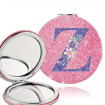 Women Folding Makeup Mirror Facial Beauty Makeup Care Tool Durable PU Surface Waterproof Ideal Party Gift Pink Flower Pattern