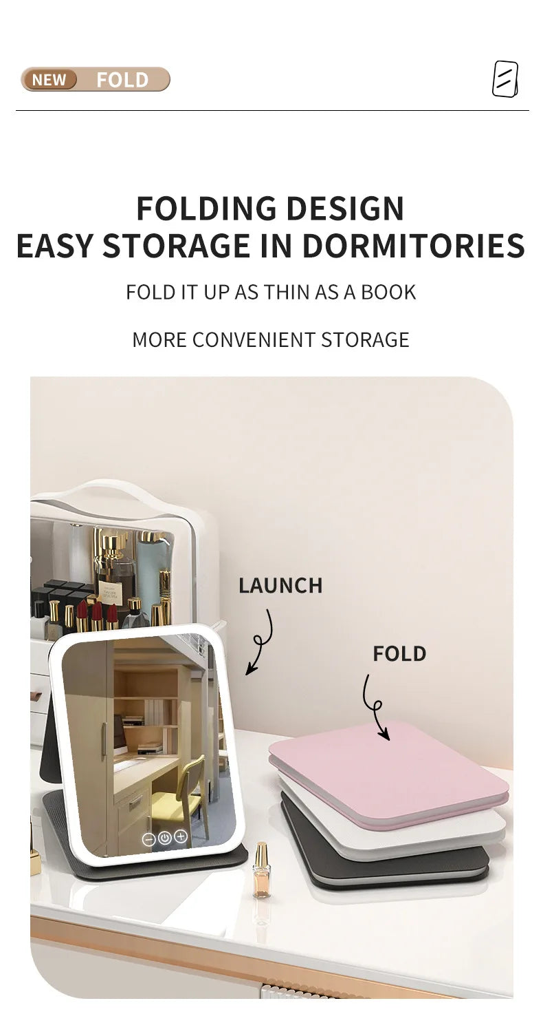 Makeup Mirror LED Dimmable Portable Foldable Design with Touch Screen 3 Colors Light Stepless USB Charging for Beauty Fashion