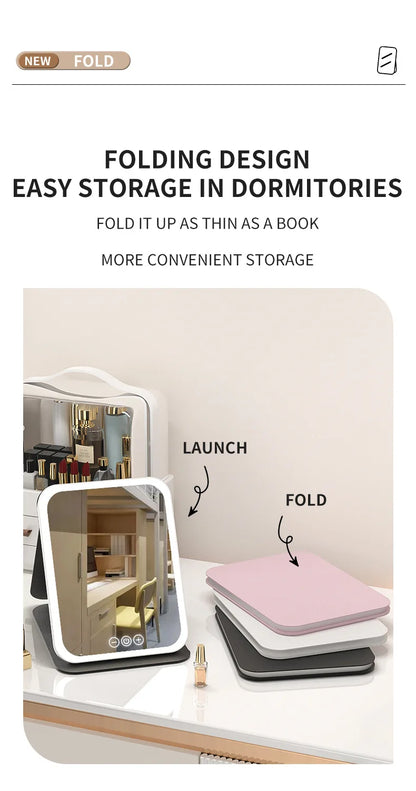 Makeup Mirror LED Dimmable Portable Foldable Design with Touch Screen 3 Colors Light Stepless USB Charging for Beauty Fashion