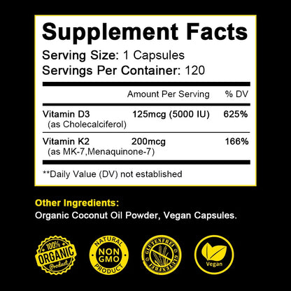 Vegan Vitamin D3+K2 Capsule Regulate Calcium Metabolism Support Teeth Bone Heart Health Joint Health