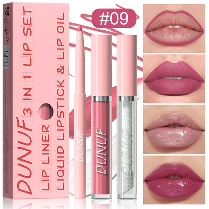 Matte Lip Liner Lip Gloss Lip Oil Set, 3-in-1 Waterproof Non-sticky Long-Lasting Lipstick, Nude Deep Red Mauve, Christmas Makeup