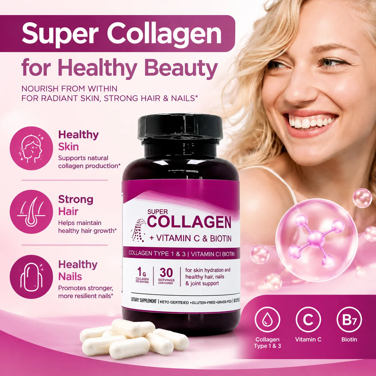 Collagen Capsules for Skin Hydration, Strong Hair & Nails Joint Support, Type 1 &3 Collagen with Vitamin C & Biotin, 60 Capsules