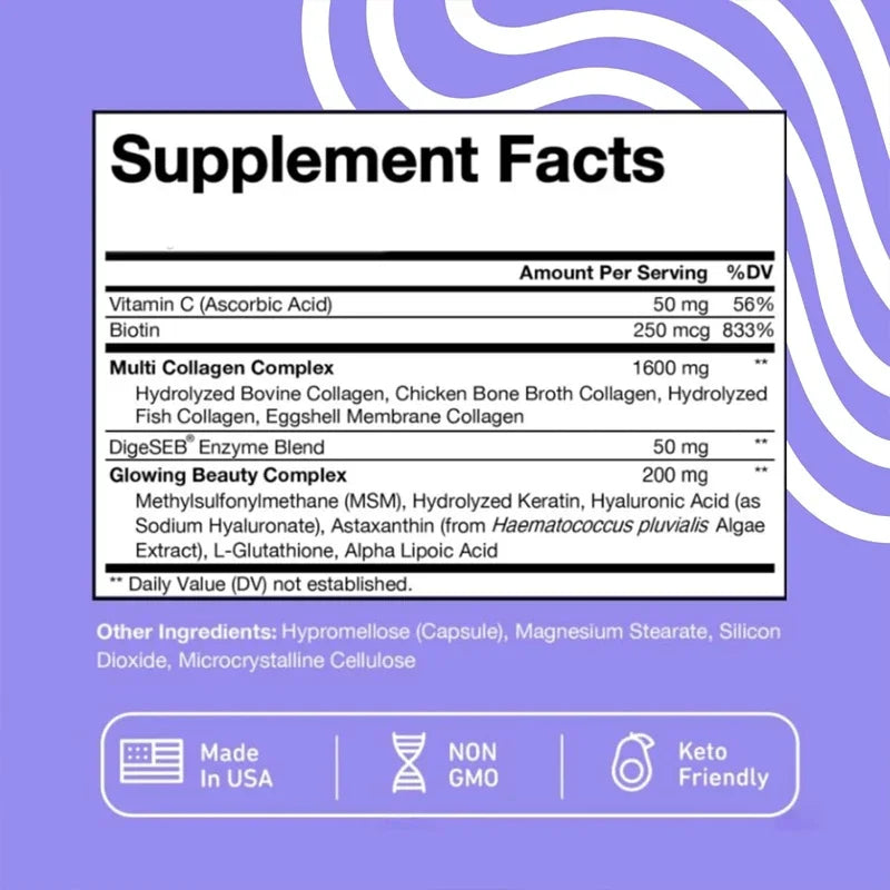60 Capsules of Multi Collagen Biotin, Hyaluronic Acid, Vitamin C Hair Growth Support Supplement for Skin and Nail Beauty Complex