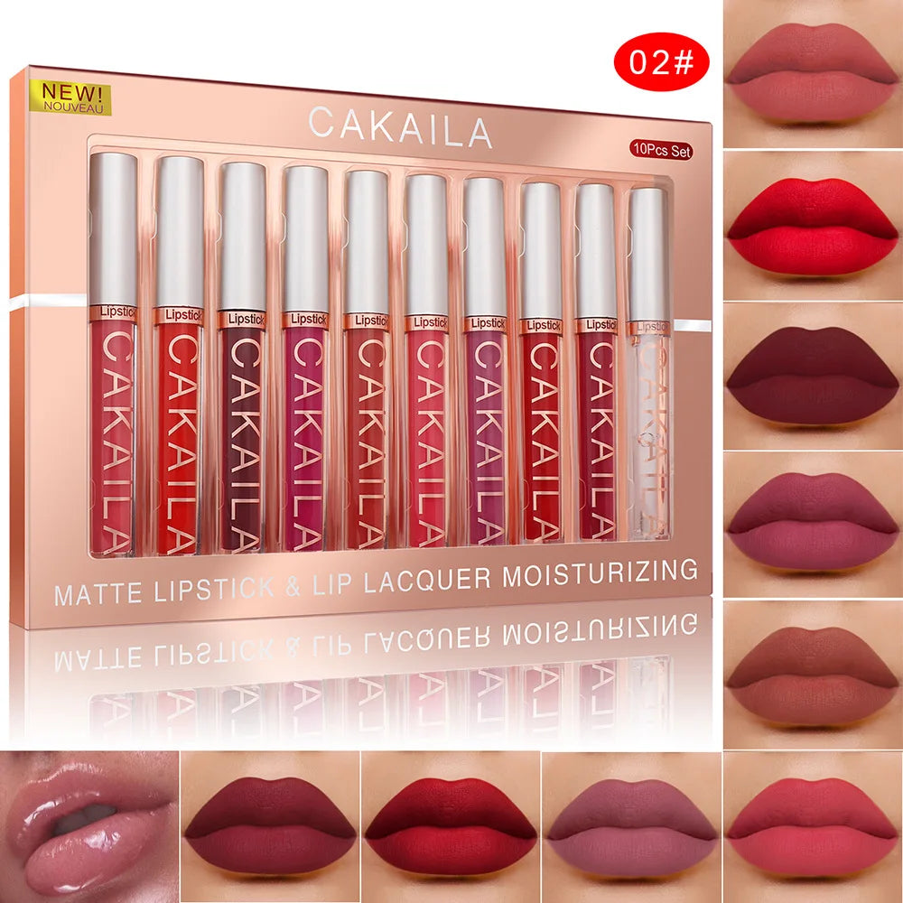Matte Lip Gloss Lip Oil 10pc/set: Velvet Lipstick High Pigment Waterproof Long Lasting, Nude, Y2K Christmas Valentine's Day Gift
