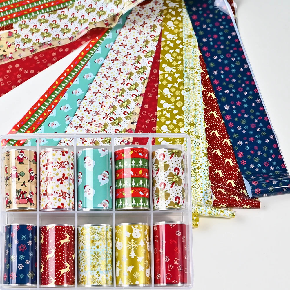 10Rolls Christmas Nail Transfer Foil Mixed Santa Snowman Elk Full Cover Nail Starry Paper For Holiday DIY Manicure Nail Stickers