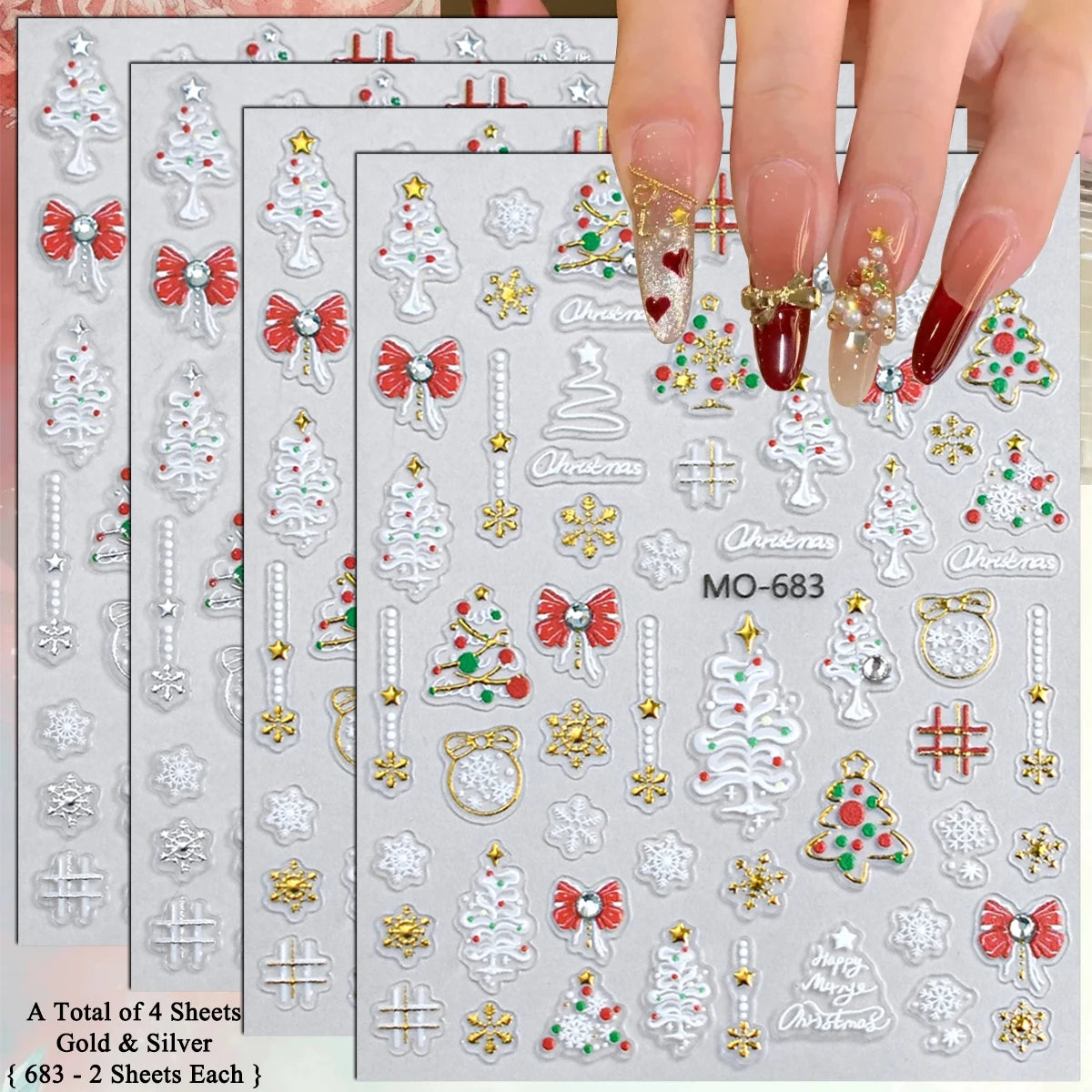 2 to 12 Sheets 5D Gold Silver Christmas Nail Decals Crystal Rhinestone Snowflake Xmas Tree Self Adhesive Nail Art Stickers