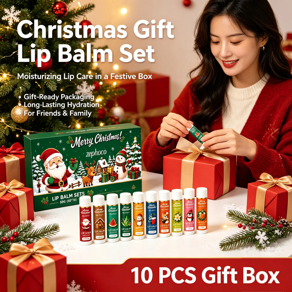 Christmas Lip Balm Set Moisturizing Multi-Flavor Long-Lasting Fruity Lip Care for Dry Cracked Lips Holiday Gift Stocking Stuffer