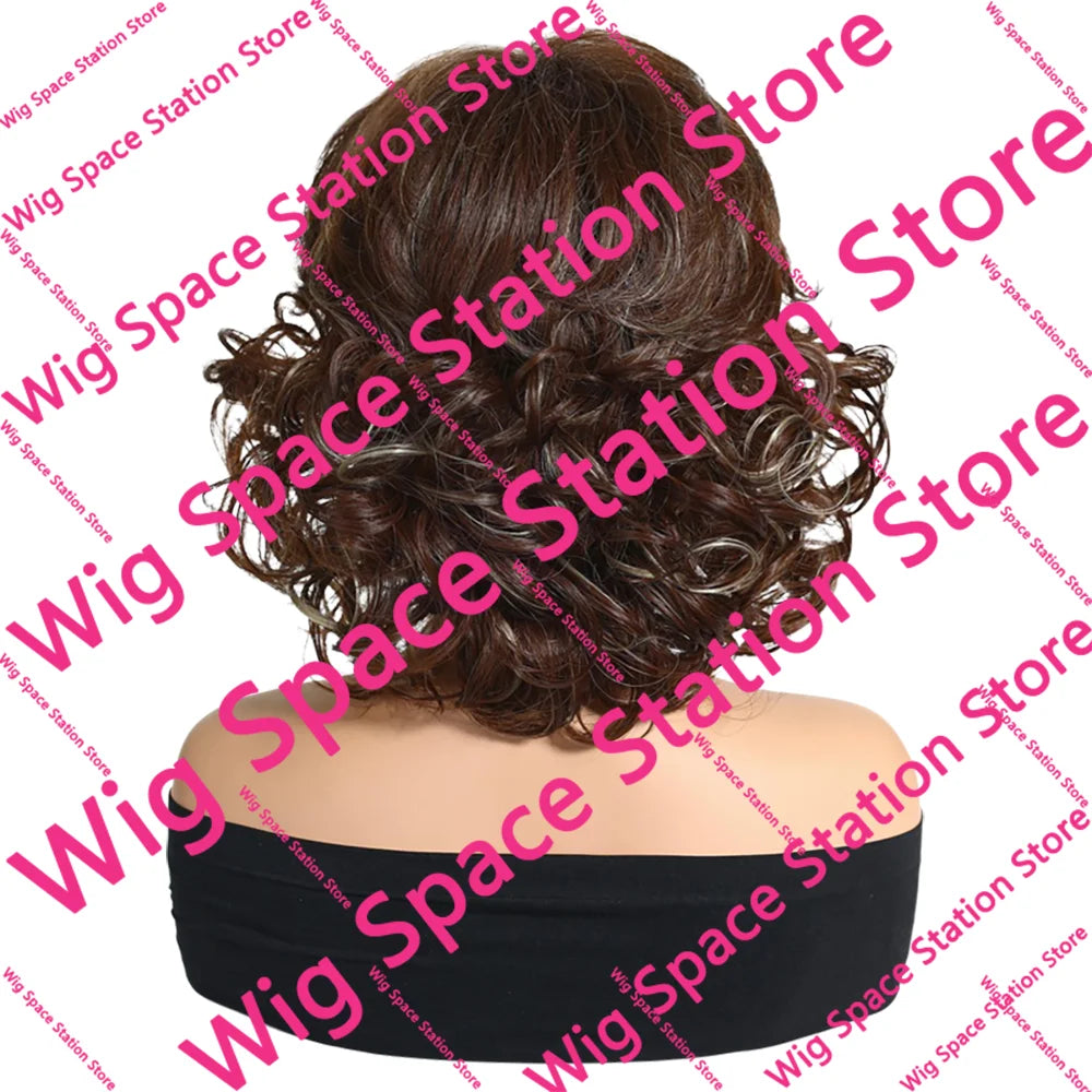 Short Curly Brown Wig with Blonde Highlights Women Synthetic Bob Wigs Natural Looking Side Bangs Heat Resistant For Daily Party
