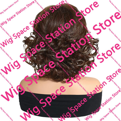 Short Curly Brown Wig with Blonde Highlights Women Synthetic Bob Wigs Natural Looking Side Bangs Heat Resistant For Daily Party