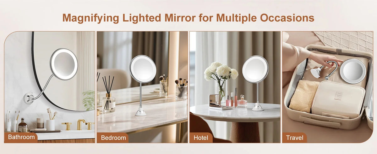 10X Magnifying Vanity Mirror with Light, Flexible Gooseneck Makeup Mirror, Battery Operated with Suction Cups & 3 Lighting Modes
