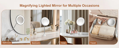 10X Magnifying Vanity Mirror with Light, Flexible Gooseneck Makeup Mirror, Battery Operated with Suction Cups & 3 Lighting Modes