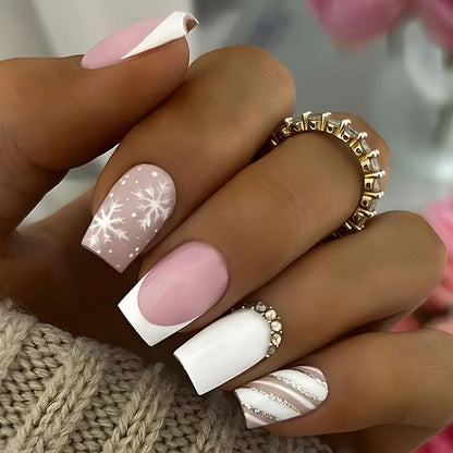 24Pcs/set Christmas Press on Nails Mid-length Square False Nails Snowman Pattern Wearable Fake Nail Art Uñas Накладные Ногти 네일팁
