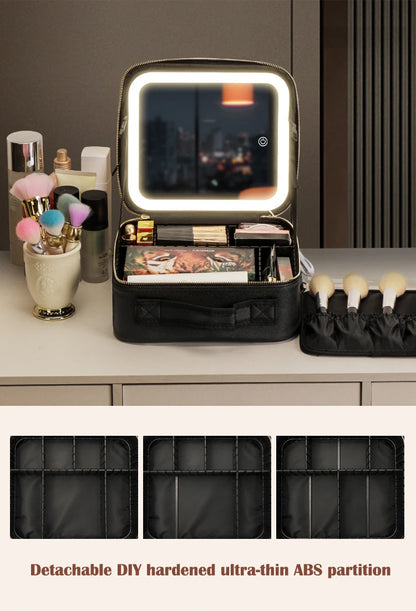 Cosmetic Portable Travel Storage Box With 2000mAh Led Rechargeable Vanity Bags Makeup Case With Led Light Mirror