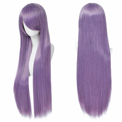 80cm Long Synthetic White Purple Cosplay Wigs Green Hair Straight Silver Wig Pink Hairpiece Lolita Wig with Bangs