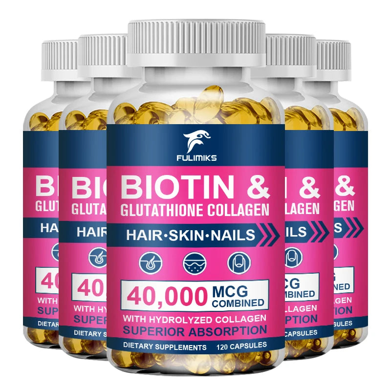 High Biotin 5000mcg Capsules with Hydrolyzed Fish Collagen & MSM, Healthy Hair, Glowing Skin, Strong Nails & Anti-Aging Support
