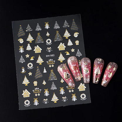 3pcs Christmas Nail Art Stickers - With Green Trees、Red Bow、Golden Decoration - Glossy Surface, Suitable for Holiday Nail Groomi