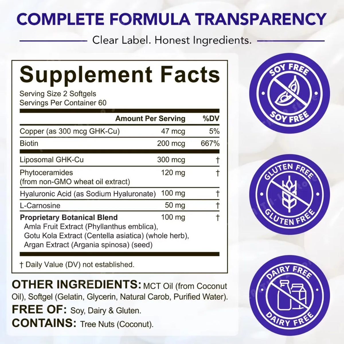 Liposomal GHK-Cu Copper Peptide 300mcg – Skin & Hair Anti-Aging Softgels with Biotin, Phytoceramides, Hyaluronic Acid 120 Count