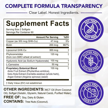 Liposomal GHK-Cu Copper Peptide 300mcg – Skin & Hair Anti-Aging Softgels with Biotin, Phytoceramides, Hyaluronic Acid 120 Count
