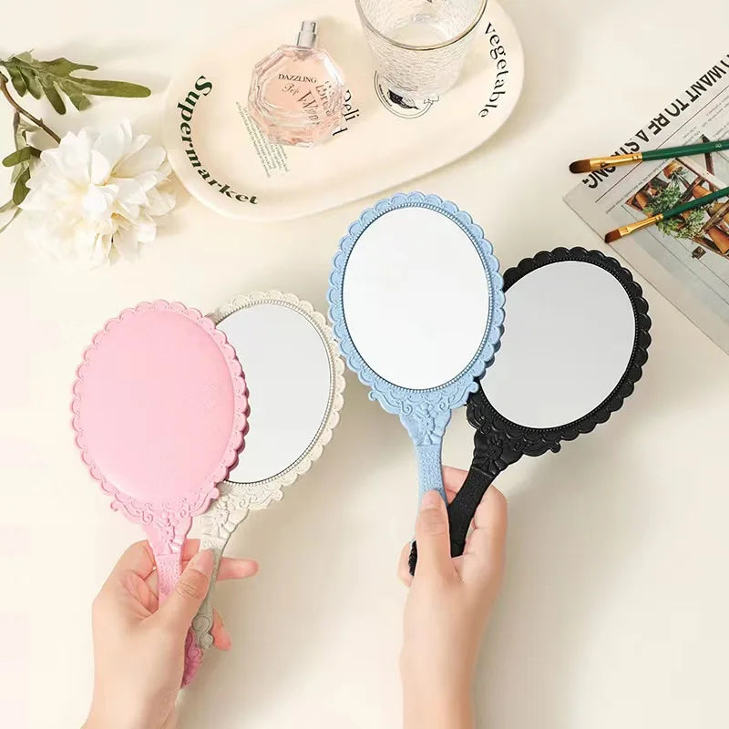 Creative Retro Makeup HD Mirror With Handle Women Bathroom Plastic Patterned Make Up Mirror Portable Handheld Antique Vanity
