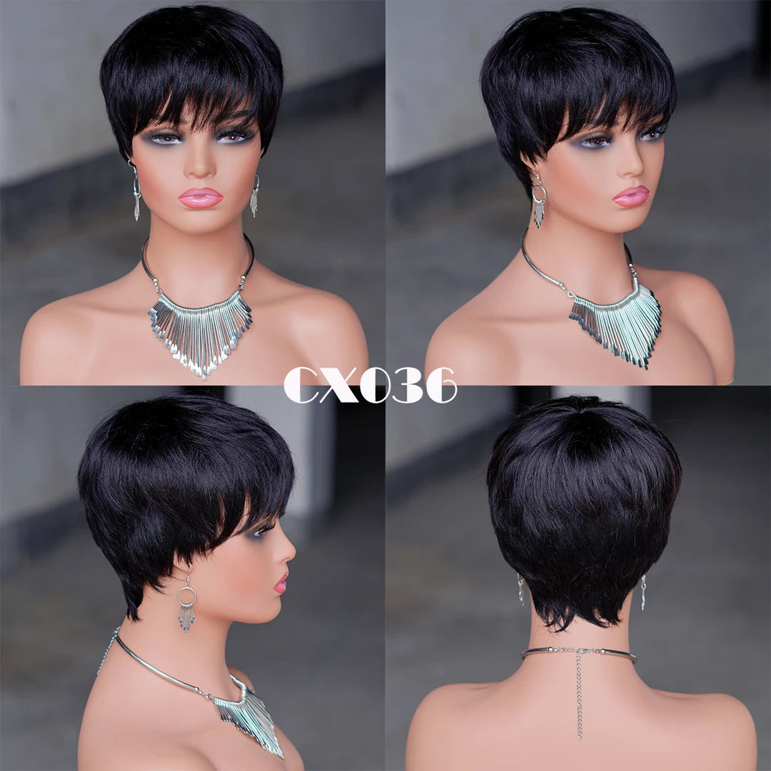 Short Pixie Cut Human Hair Wig for Women Natural Black Brazilian Hair Wig Machine Made Wigs with Bangs  Cheap  Layered Cut  Wigs