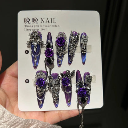 Gothic Dark Press On Nails Iridescent Purple Laser Resin Black Diamonds Multiple Sizes Left Right Hands Easy to Apply Reusable