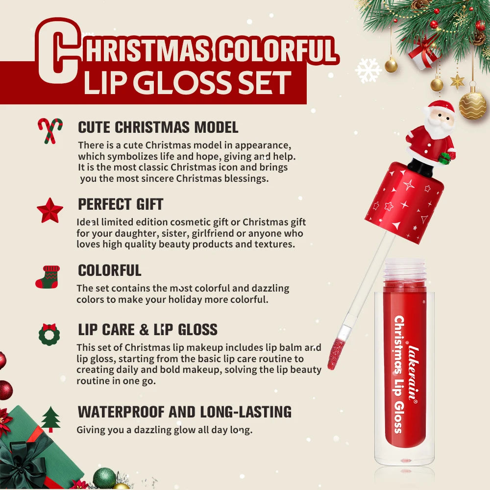 Christmas Lip Gloss Set Waterproof Long-Lasting Moisturizing Lip Skincare Lip Glaze Set Ideal Festive Holiday Christmas Gift