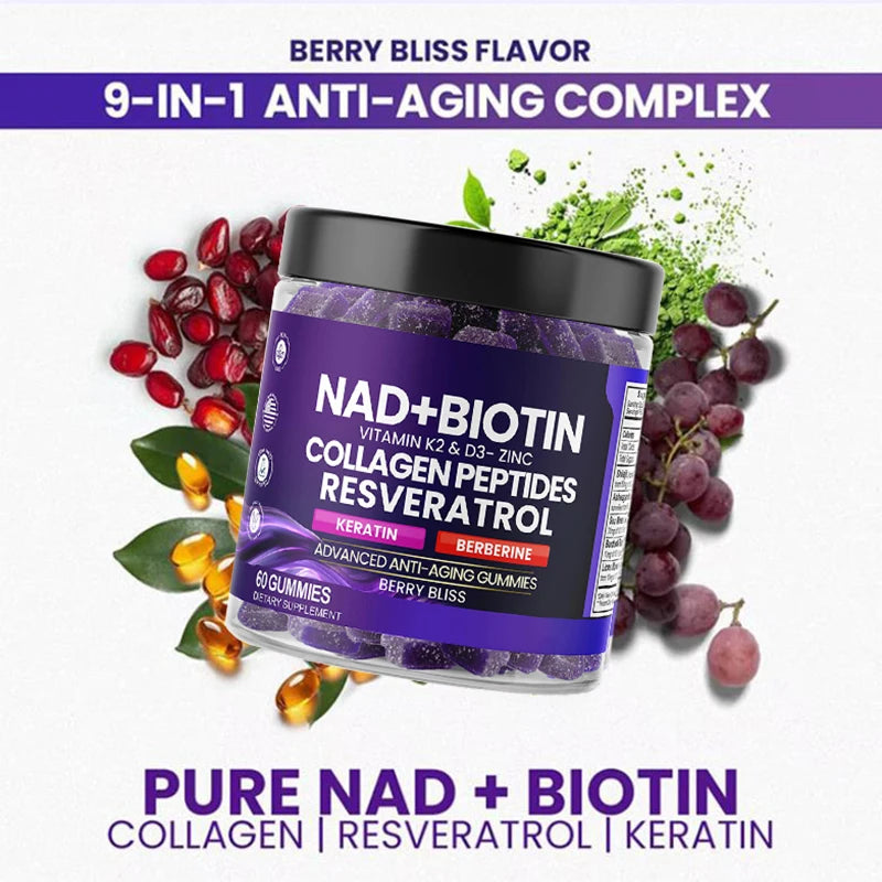 NAD+ Biotin Gummies with Vitamin D3 K2 Zinc Keratin Skin Care Anti Aging Whitening Skin Nail and Hair Care Supplement