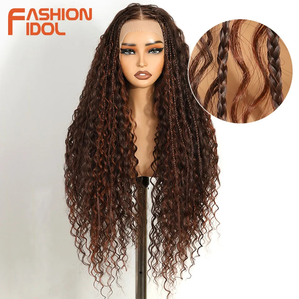 FASHION IDOL Twist Box Braided Lace Wigs Synthetic Brown 13X4 Lace Frontal Wigs For Black Women Goddess Faux Locs Braids Wigs