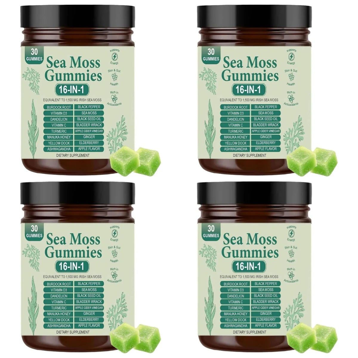 Irish Sea Moss Gummies 1500mg Equivalent 16 in 1 Botanical Blend,Support Digestion&Mood,Antioxidant Protection,Apple Flavor,30Ct