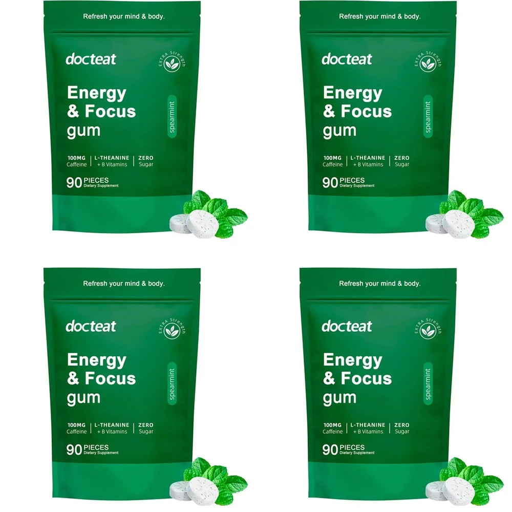 Energy & Focus Gum Extra Chewable Tablets with Natural Caffeine, L-Theanine, Vitamin B6 and B12, Sugar Free, 90 Pieces