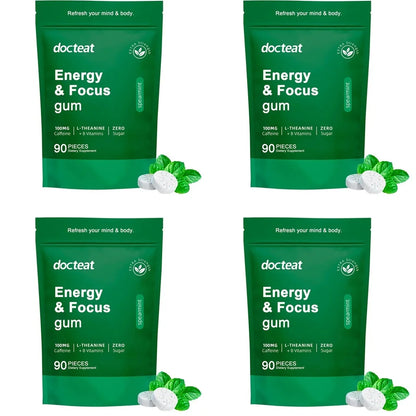 Energy & Focus Gum Extra Chewable Tablets with Natural Caffeine, L-Theanine, Vitamin B6 and B12, Sugar Free, 90 Pieces
