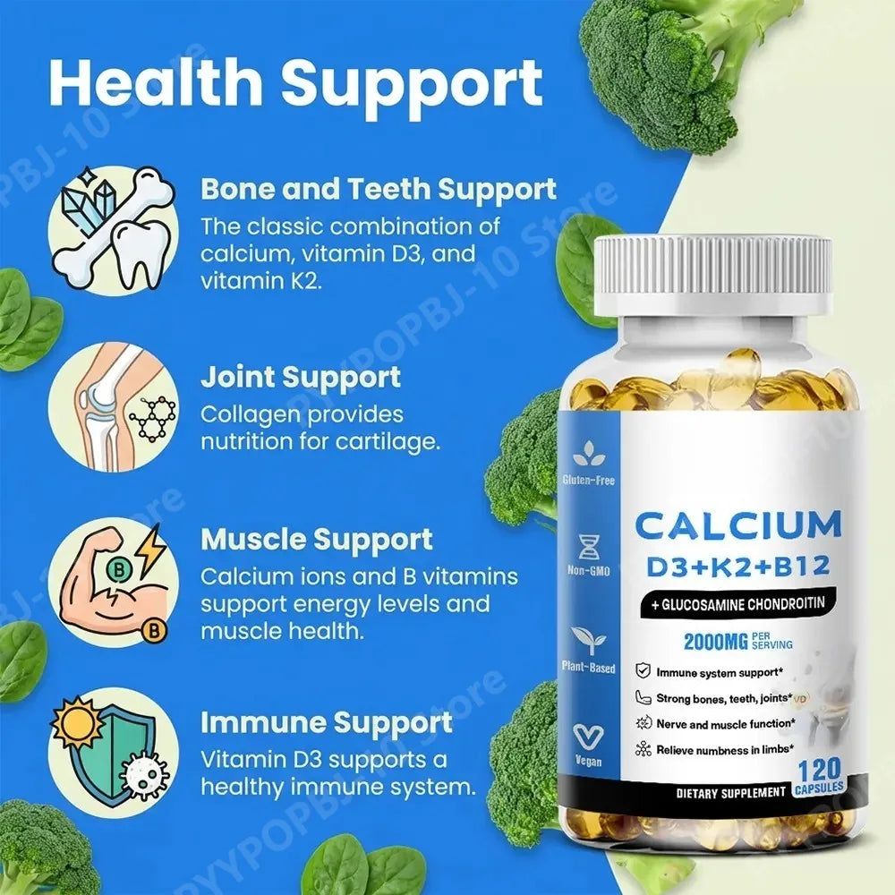 Calcium D3 K2 B12 Capsules for Bone, Teeth & Joint Support, Muscle, Immune & Nerve Health, Gluten-Free & Non-GMO, 120 Capsules