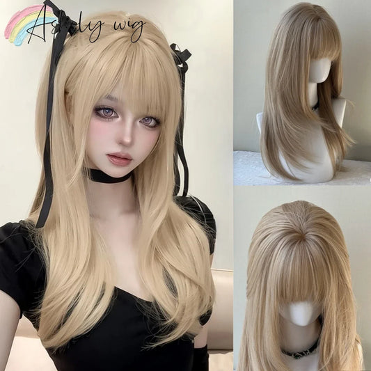 Blonde Wig with Bangs 22inch Medium Straight Hair Wig for Women Soft Natural Heat Resistant Fibers Synthetic Wigs 가발  Peluca