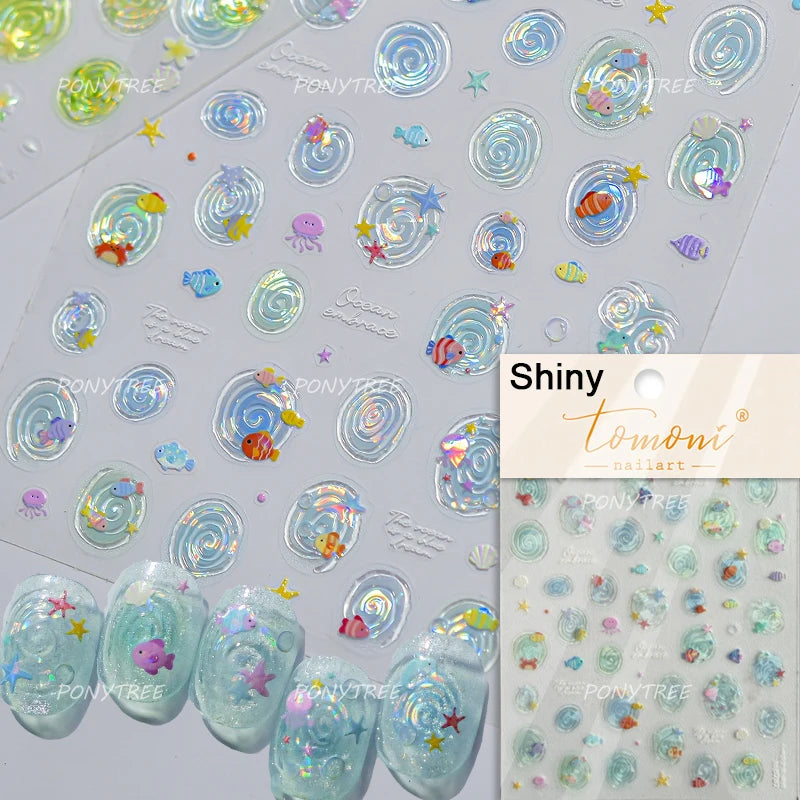 Gold Stamped Shell Conch Scallop Starfish Pearl 5D Embossed Self Adhesive Nail Art Stickers Delicate Ocean Style Manicure Decals