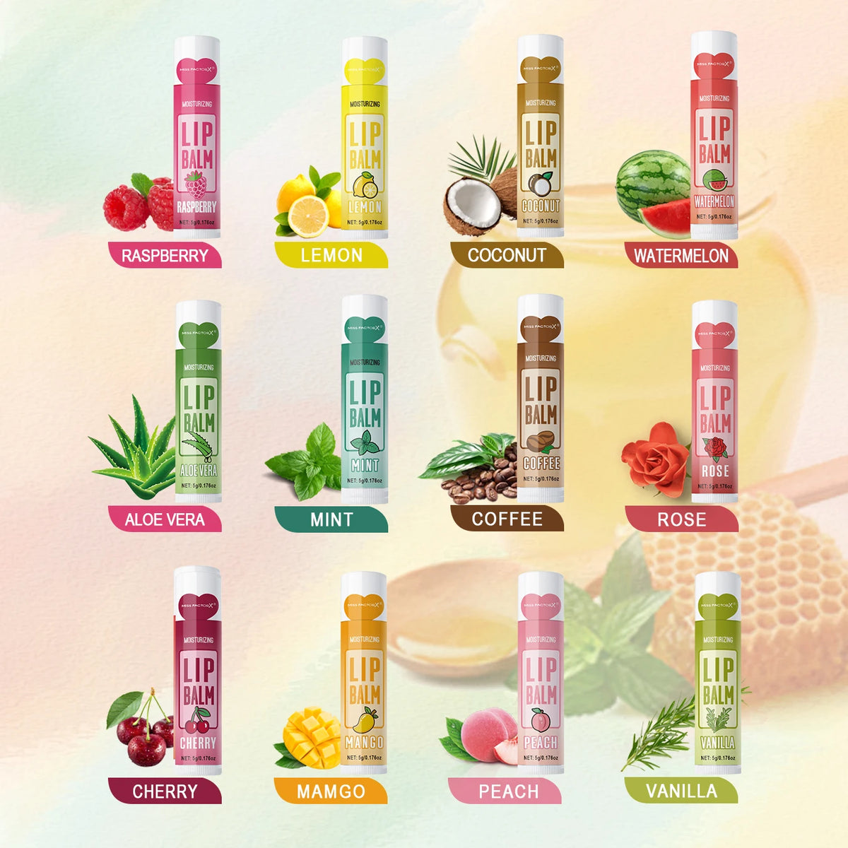 24PCS/ Box 12 Kinds of Flower and Fruit Lip Balm Set Gift Natural Fragrance Moisturizing Exfoliating and Brightening Lip Color
