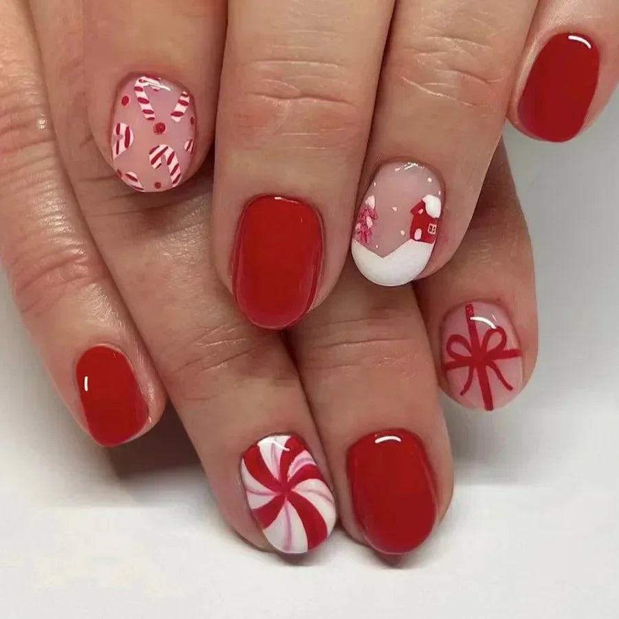 24Pcs Short Oval Press-On Nails - Cute Gingerbread & Candy Cane Christmas Designs, Perfect for Holiday Parties for Women&Girls