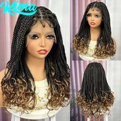 Knotless Box Braided Wig with Wavy Ends Synthetic Lace Frontal 1B-30 Dark Ombre Braided Lace Wig with Baby Hair for Black Women