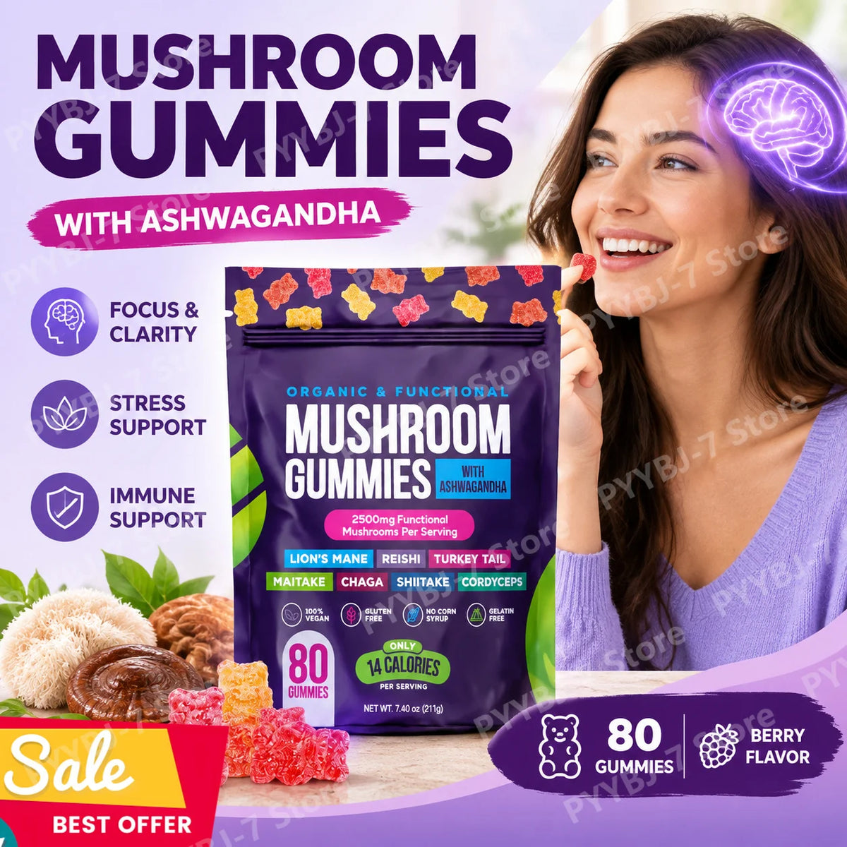 Mushroom Gummies with Ashwagandha Lion's Mane Reishi and Cordyceps, Vegan Gelatin Free Mixed Fruit Supplement
