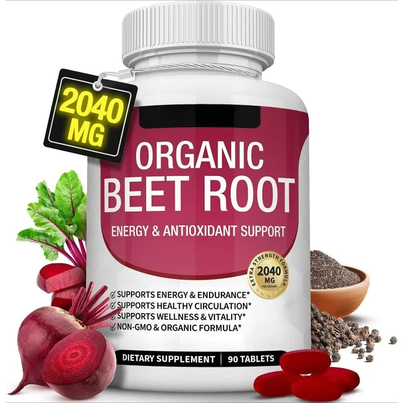 Beet Root Tablets 2040mg Per Serving with Organic Black Pepper for Energy, Endurance & Circulation Support, Non-GMO, 90 Count