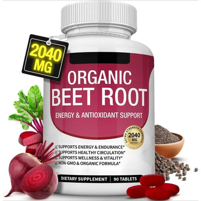 Beet Root Tablets 2040mg Per Serving with Organic Black Pepper for Energy, Endurance & Circulation Support, Non-GMO, 90 Count
