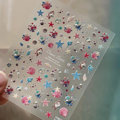 Silver Foil Ocean Nail Stickers 5D Embossed Starfish Shell Nail Art Decals Metallic Marine Manicure Decoration Summer DIY